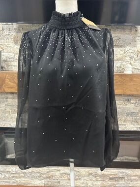 Main Strip Black Smocked Neck Blouse with Jewel Dot Accents sheer sleeves NWT S